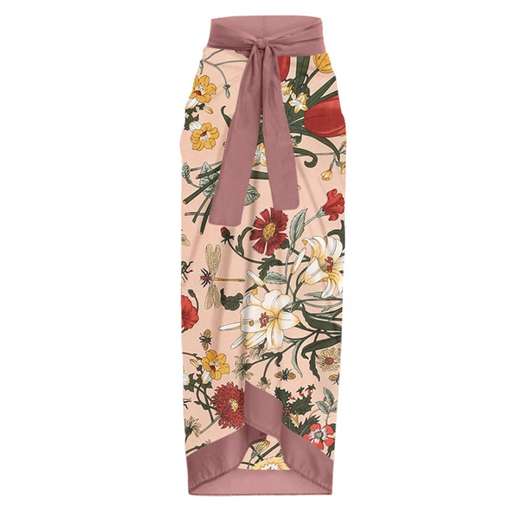 TAVIMART - Lotus Pink Print Sling Swimsuit High Waist Slim Retro Square Neck Bikini Sexy One Piece Swimsuit and Beach Skirt Fashion