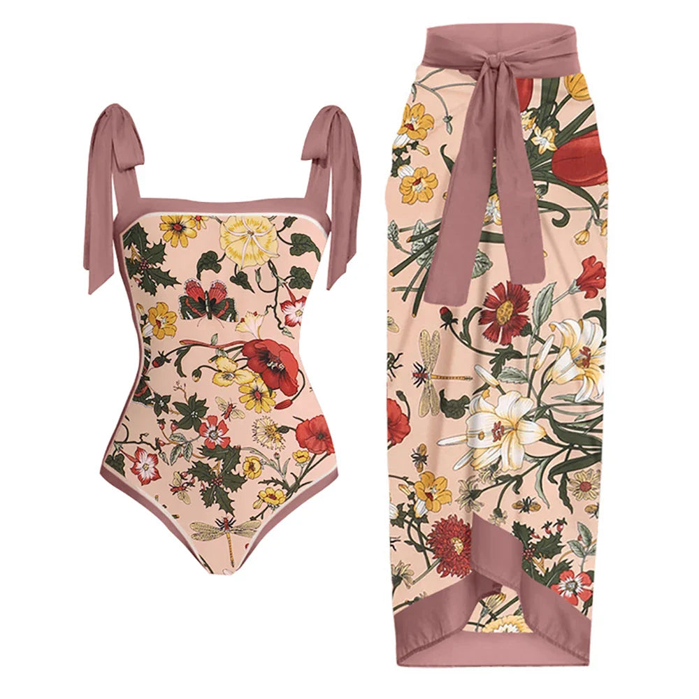 TAVIMART - Lotus Pink Print Sling Swimsuit High Waist Slim Retro Square Neck Bikini Sexy One Piece Swimsuit and Beach Skirt Fashion