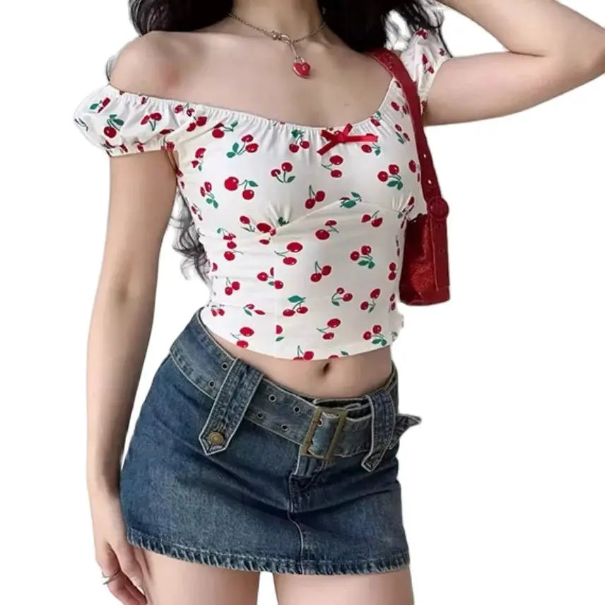 TAVIMART - Short-Sleeved Word Collar Cherry Print Exposed Navel European And American Girls Summer Slim Spice Girl Jacket Short Paragraph