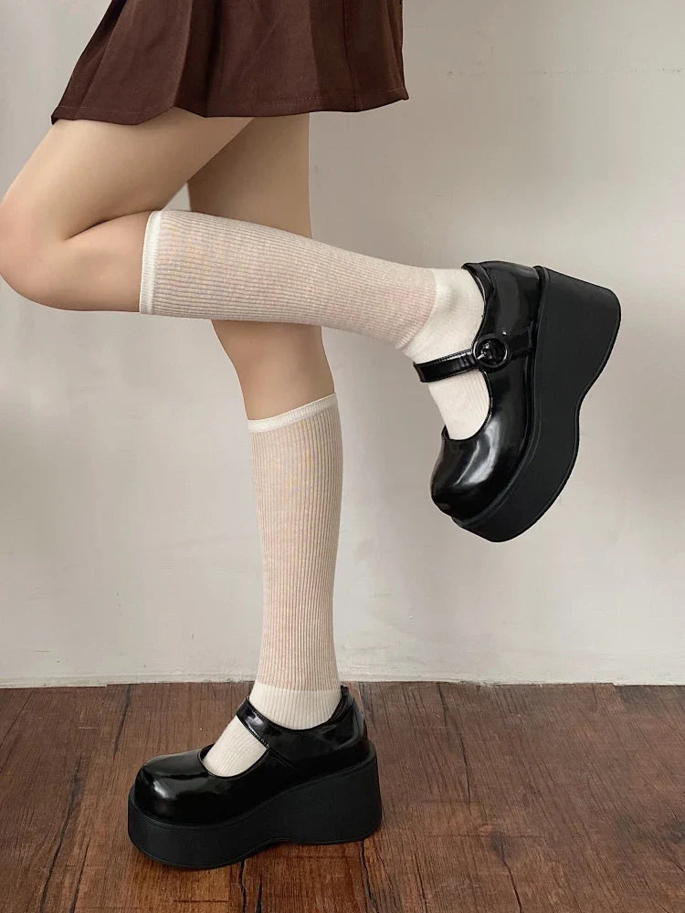 TAVIMART - Sweet Goth Style Punk Girls Black Wedge Pu Leather Shoes Women's Japanese Retro Jk Uniform Big Toe Shoes Harajuku Platform