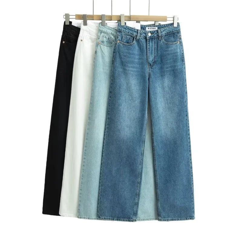 TAVIMART - Amercian Retro White High Waist Straight Wide Leg Jeans Women Loose Denim Pants Floor Length Trousers blue black 4 colors