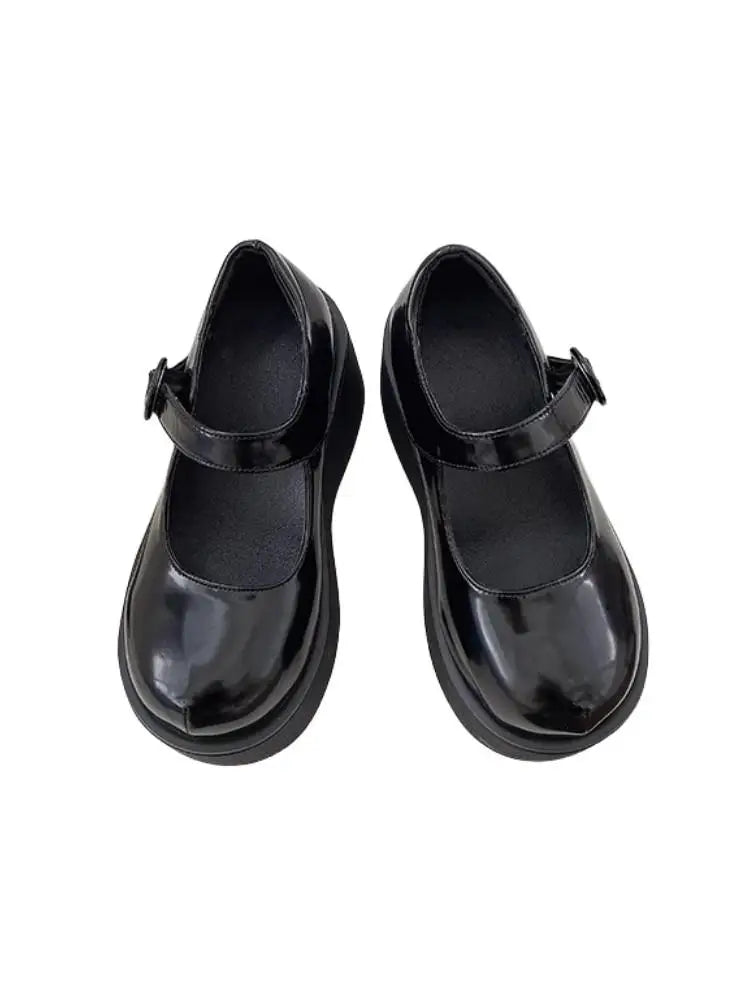 TAVIMART - Sweet Goth Style Punk Girls Black Wedge Pu Leather Shoes Women's Japanese Retro Jk Uniform Big Toe Shoes Harajuku Platform