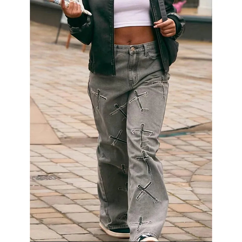 TAIVIMART - Grey Low Waist Women Jeans Embroidery Vintage American Fashion Street Wide Leg Jean Female Trouser Straight Baggy Denim Pants