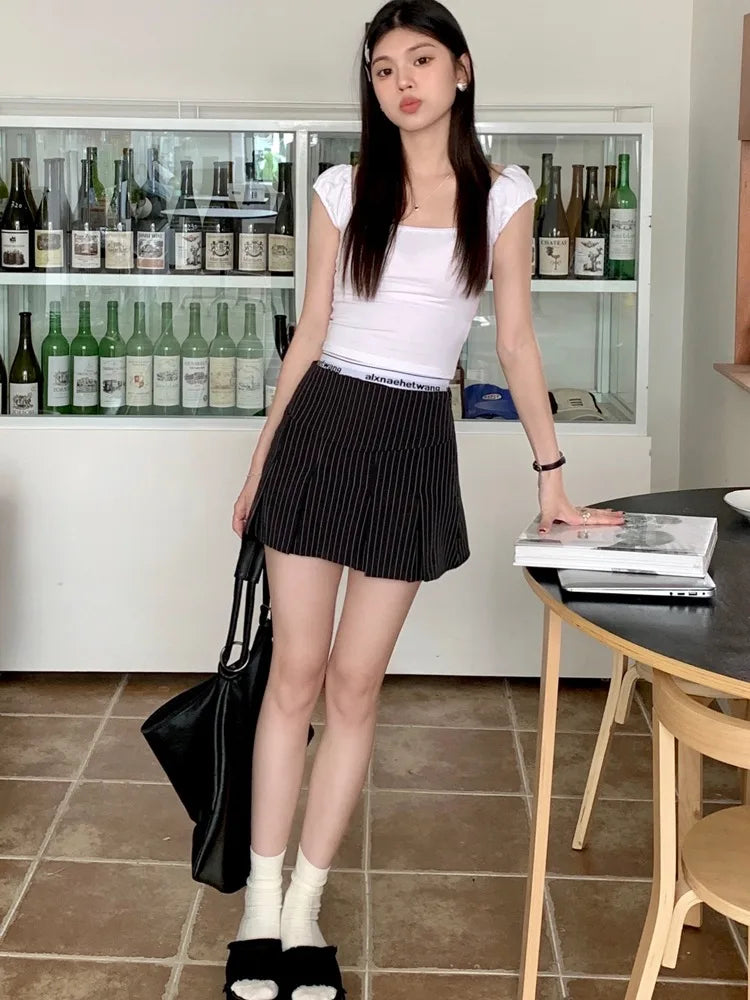 TAVIMART - American Retro Stripe Mini Skirt Fake Two Pieces Patchwork High Waist Hip Wrap Skirt for Women Summer A-line Skirt New