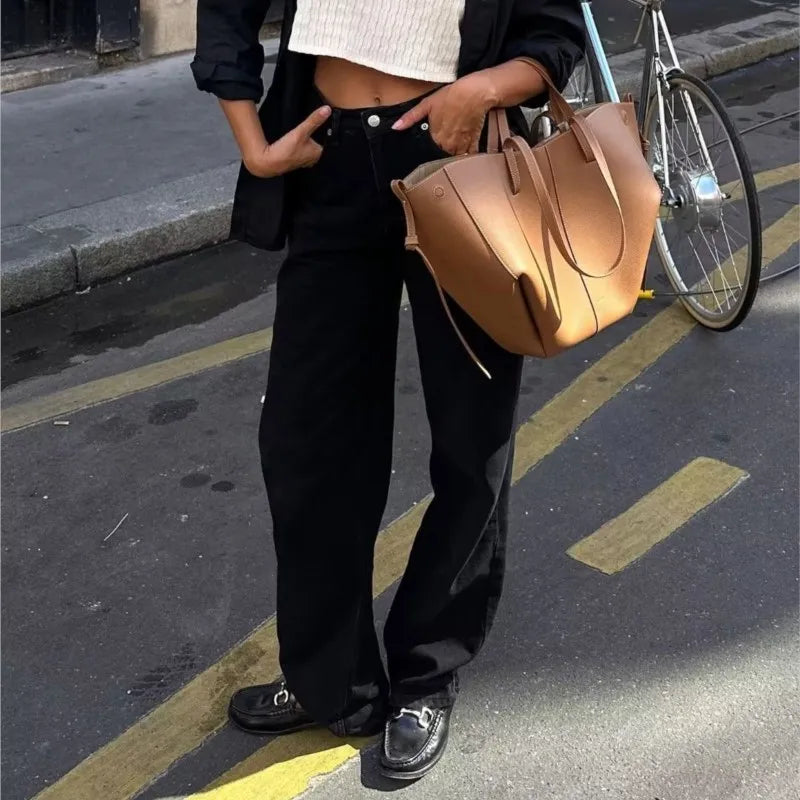TAVIMART - Amercian Retro White High Waist Straight Wide Leg Jeans Women Loose Denim Pants Floor Length Trousers blue black 4 colors