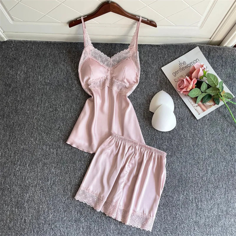 TAVIMART - 4PCS Women Pink Satin Pajamas Set Lace Sleep Suit Pijama Home Nightie Sexy V-Neck Sleepwear