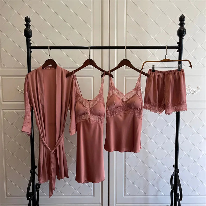 TAVIMART - 4PCS Women Pink Satin Pajamas Set Lace Sleep Suit Pijama Home Nightie Sexy V-Neck Sleepwear