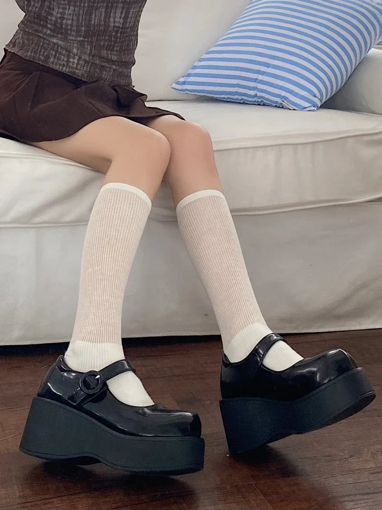 TAVIMART - Sweet Goth Style Punk Girls Black Wedge Pu Leather Shoes Women's Japanese Retro Jk Uniform Big Toe Shoes Harajuku Platform