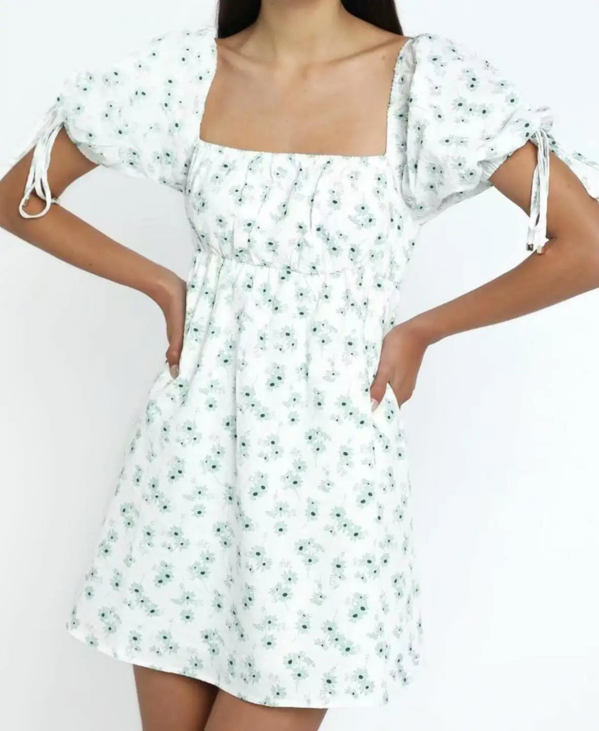 TAVIMART - Women Robe Retro France Style Ruched Elastic Square Collar Bow Puff Sleeve Flower Print Mini Dress Lacing up Slim Waist A line