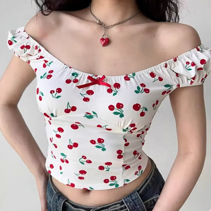 TAVIMART - Short-Sleeved Word Collar Cherry Print Exposed Navel European And American Girls Summer Slim Spice Girl Jacket Short Paragraph
