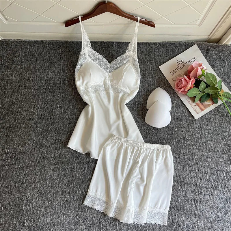 TAVIMART - 4PCS Women Pink Satin Pajamas Set Lace Sleep Suit Pijama Home Nightie Sexy V-Neck Sleepwear
