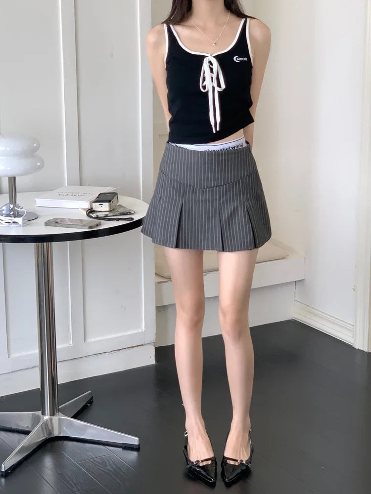 TAVIMART - American Retro Stripe Mini Skirt Fake Two Pieces Patchwork High Waist Hip Wrap Skirt for Women Summer A-line Skirt New