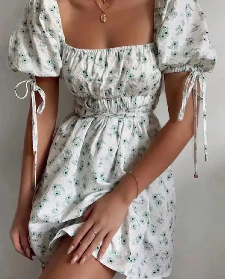 TAVIMART - Women Robe Retro France Style Ruched Elastic Square Collar Bow Puff Sleeve Flower Print Mini Dress Lacing up Slim Waist A line