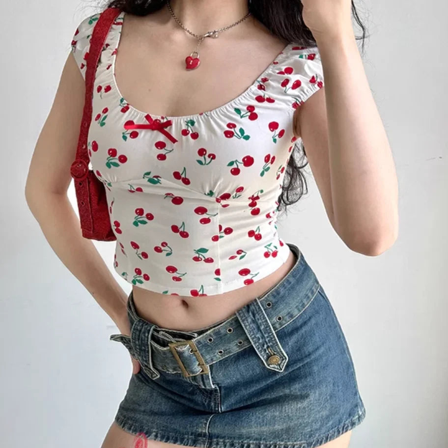 TAVIMART - Short-Sleeved Word Collar Cherry Print Exposed Navel European And American Girls Summer Slim Spice Girl Jacket Short Paragraph