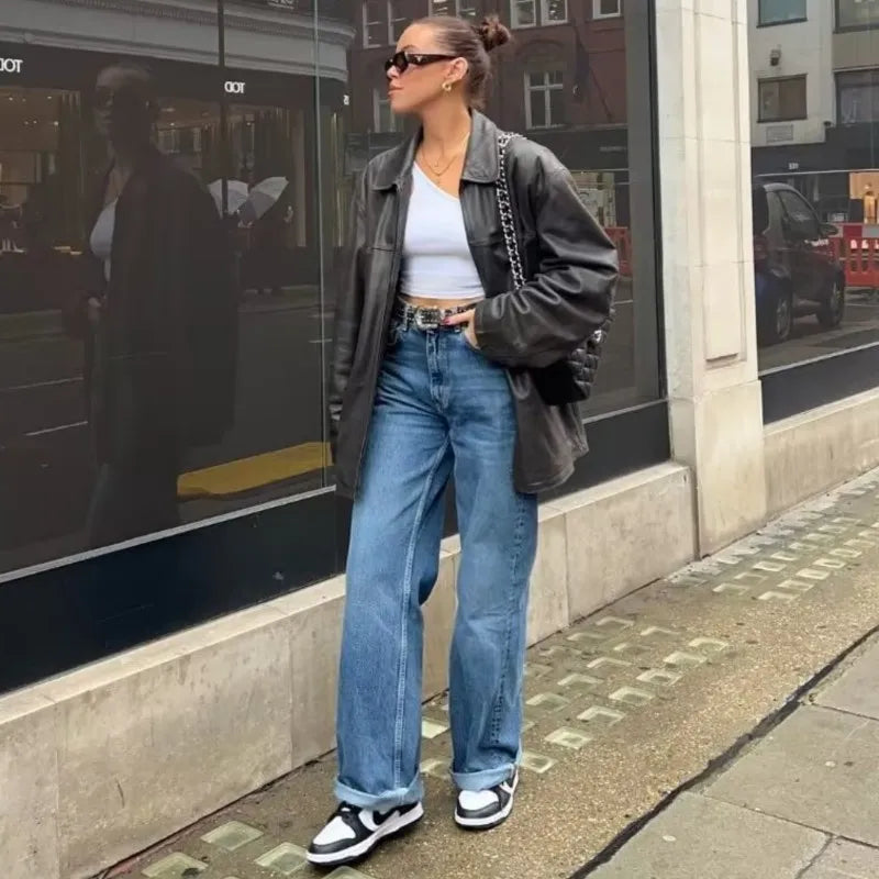 TAVIMART - Amercian Retro White High Waist Straight Wide Leg Jeans Women Loose Denim Pants Floor Length Trousers blue black 4 colors