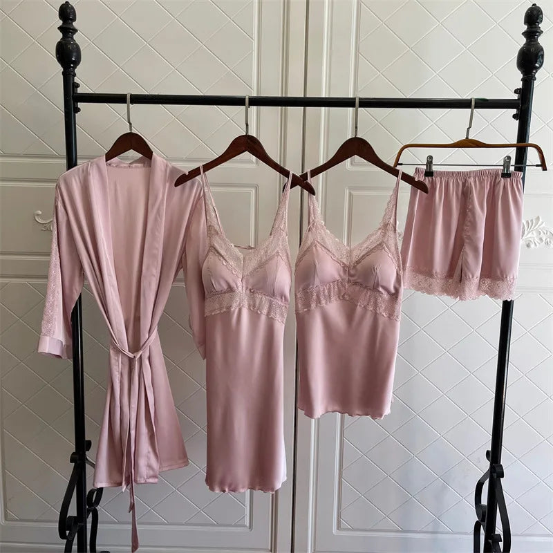 TAVIMART - 4PCS Women Pink Satin Pajamas Set Lace Sleep Suit Pijama Home Nightie Sexy V-Neck Sleepwear