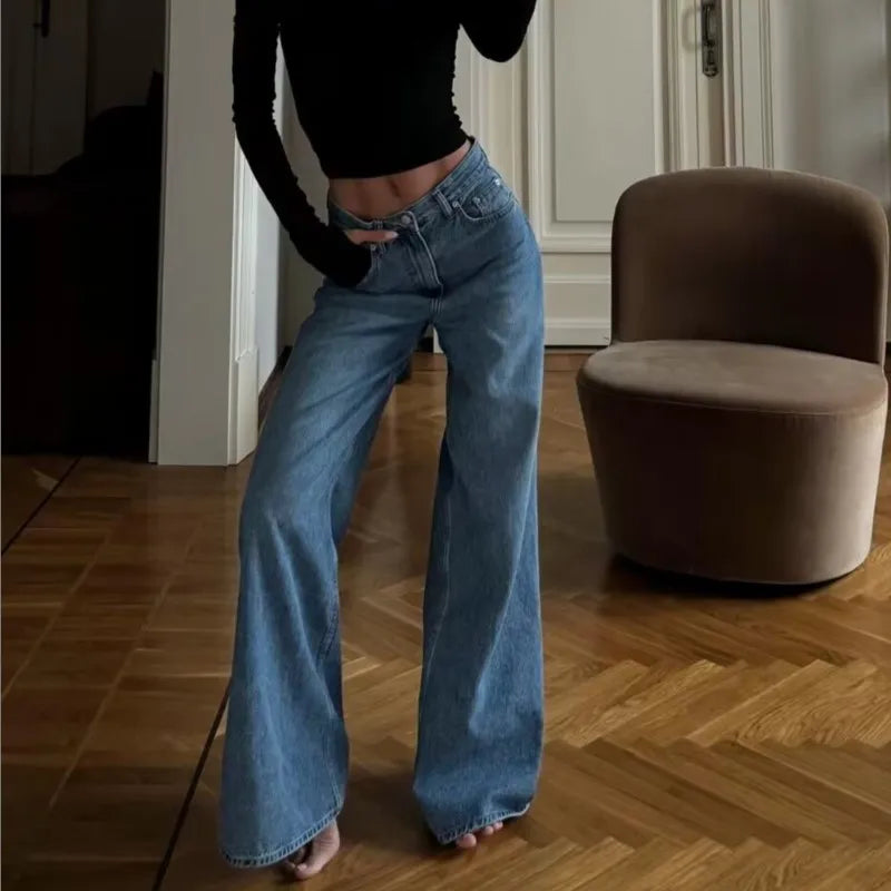 TAVIMART - Amercian Retro White High Waist Straight Wide Leg Jeans Women Loose Denim Pants Floor Length Trousers blue black 4 colors