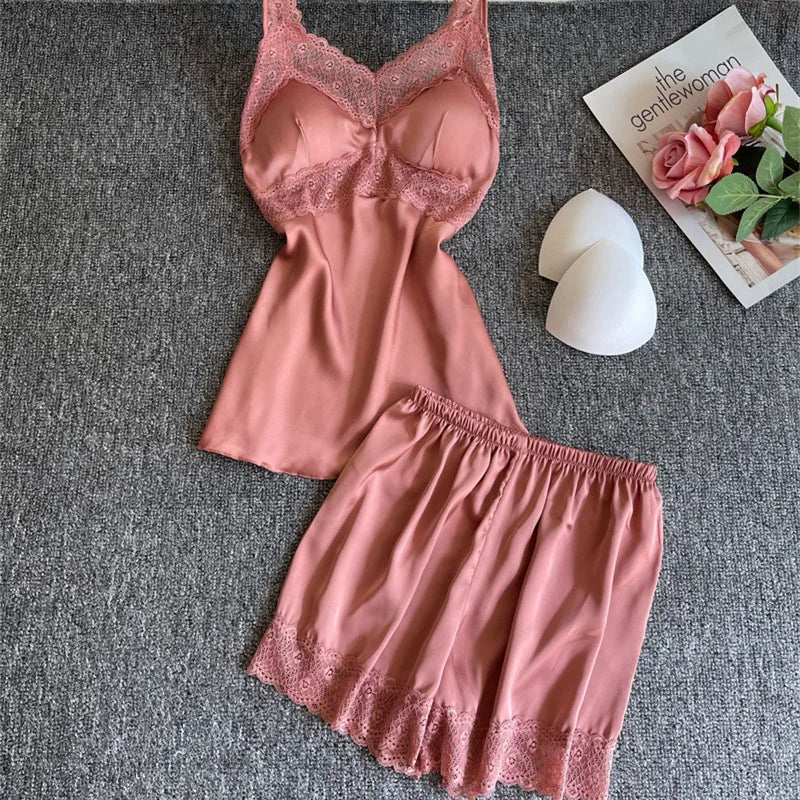 TAVIMART - 4PCS Women Pink Satin Pajamas Set Lace Sleep Suit Pijama Home Nightie Sexy V-Neck Sleepwear