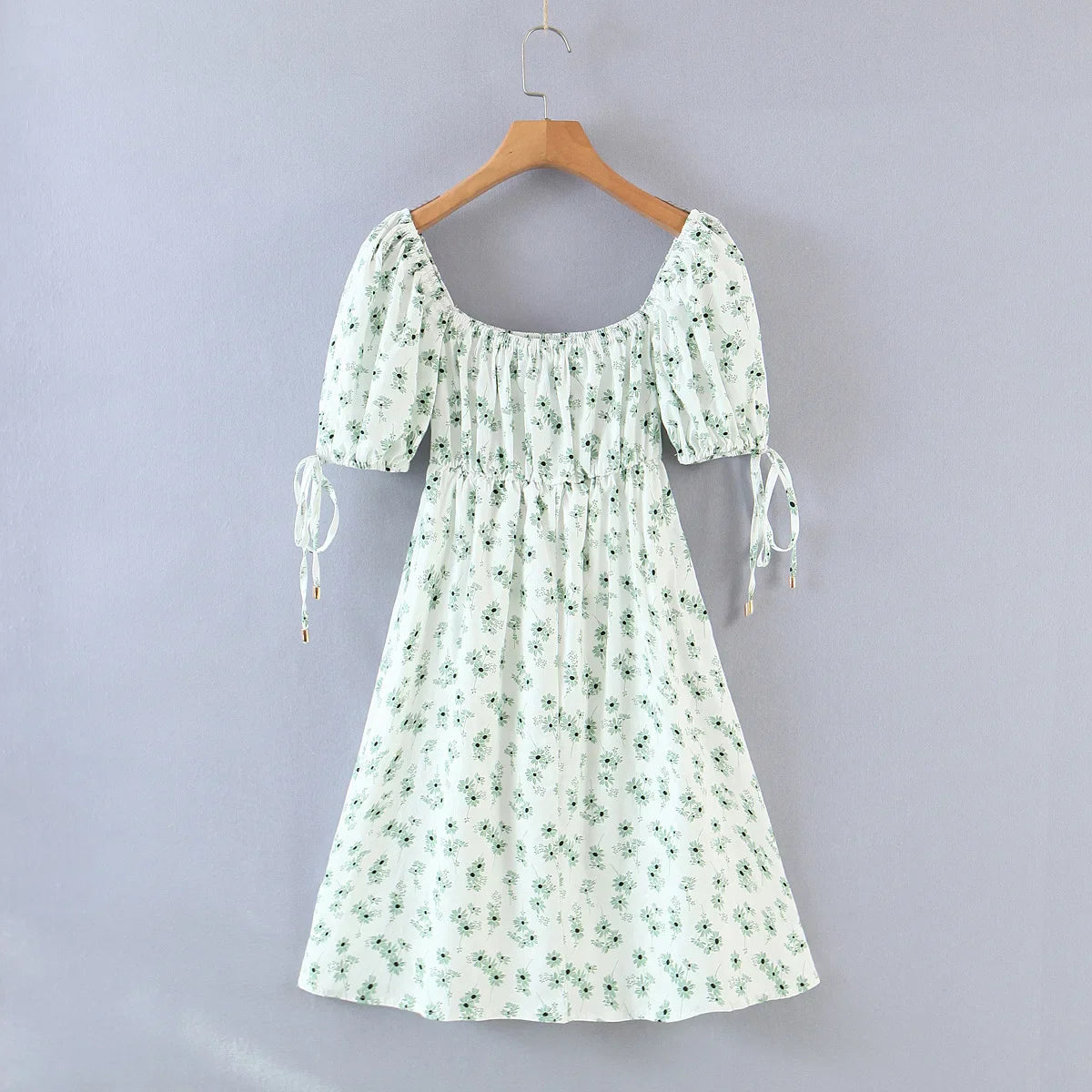 TAVIMART - Women Robe Retro France Style Ruched Elastic Square Collar Bow Puff Sleeve Flower Print Mini Dress Lacing up Slim Waist A line