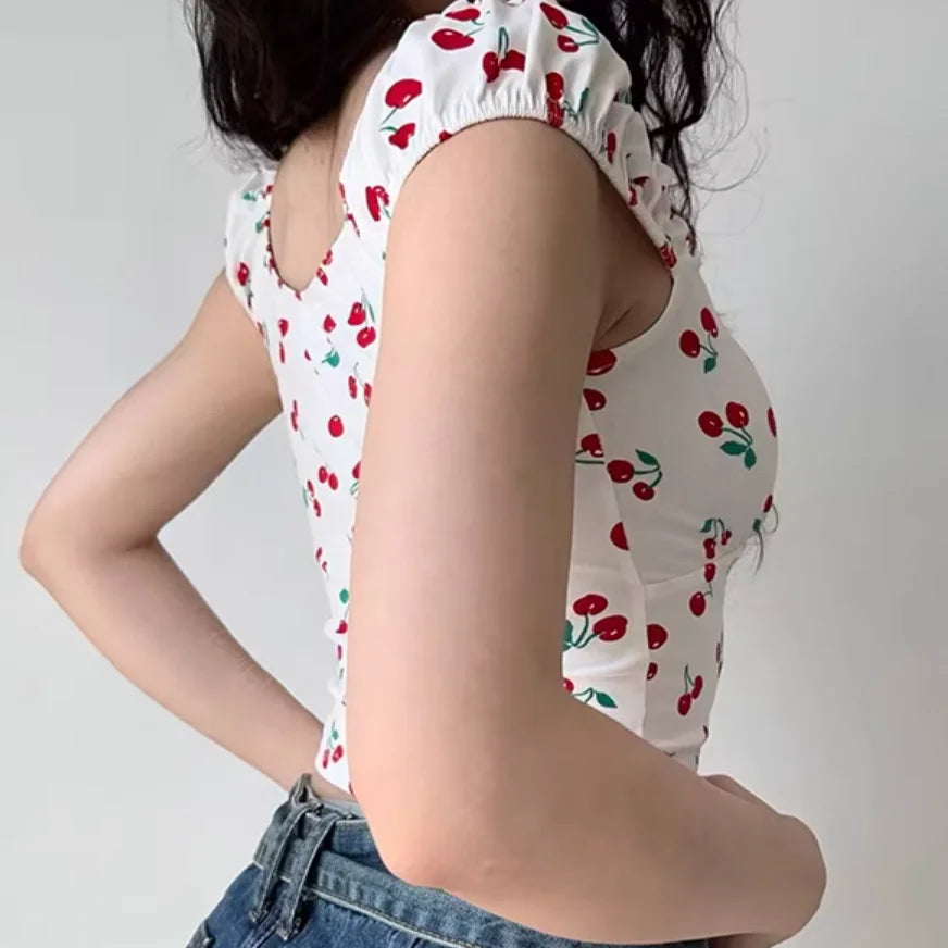 TAVIMART - Short-Sleeved Word Collar Cherry Print Exposed Navel European And American Girls Summer Slim Spice Girl Jacket Short Paragraph