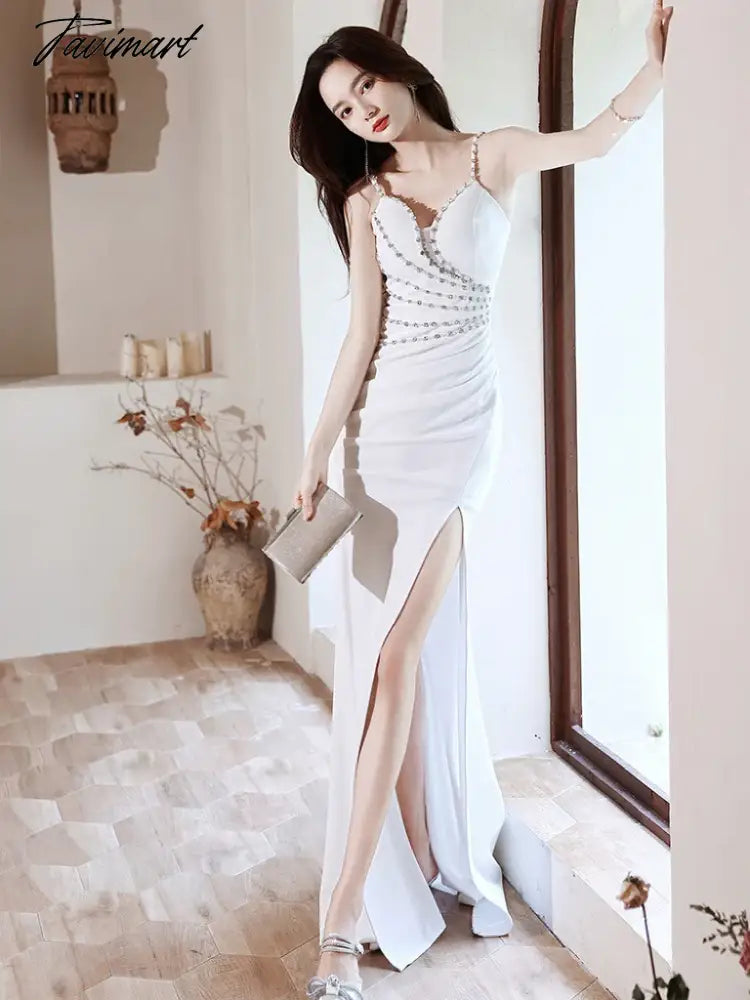 TAVIMART - Black Crystal Celebrity Dresses High Split White Spaghetti Strap Host Luxury Burgundy White Vintage Sexy Cocktail Evening Gowns