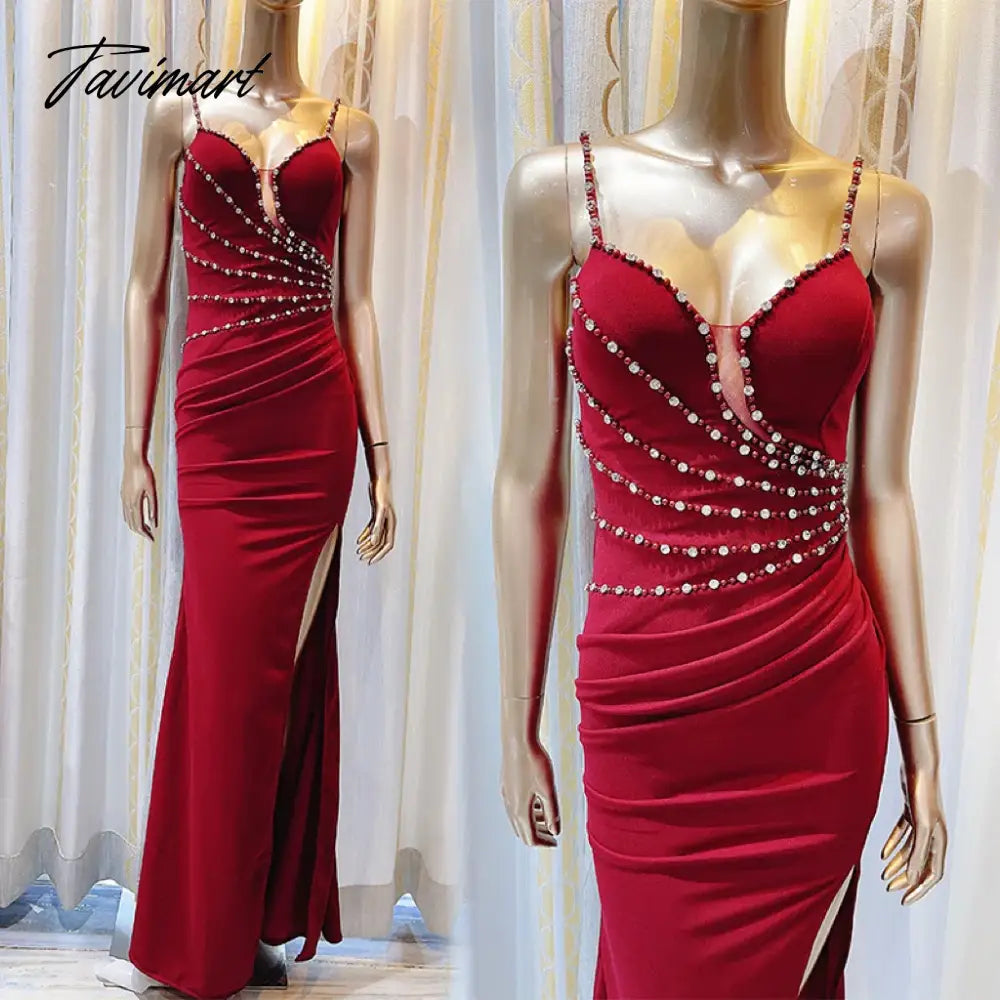 TAVIMART - Black Crystal Celebrity Dresses High Split White Spaghetti Strap Host Luxury Burgundy White Vintage Sexy Cocktail Evening Gowns