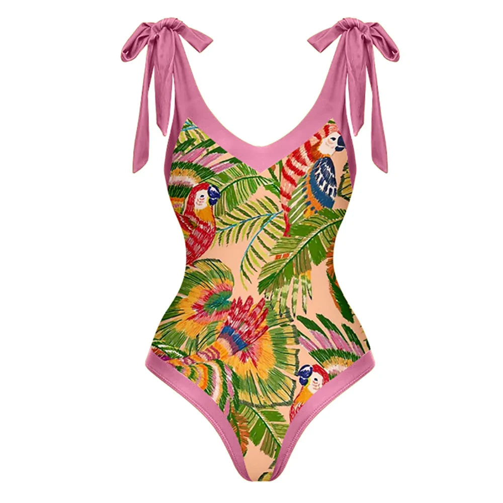 vzyzv  -   Colorful Parrot Print One Piece Bikini Bow Tie Swimsuit Sexy Luxury Chiffon Blouse High Waist Open Back Fashion Beachwear