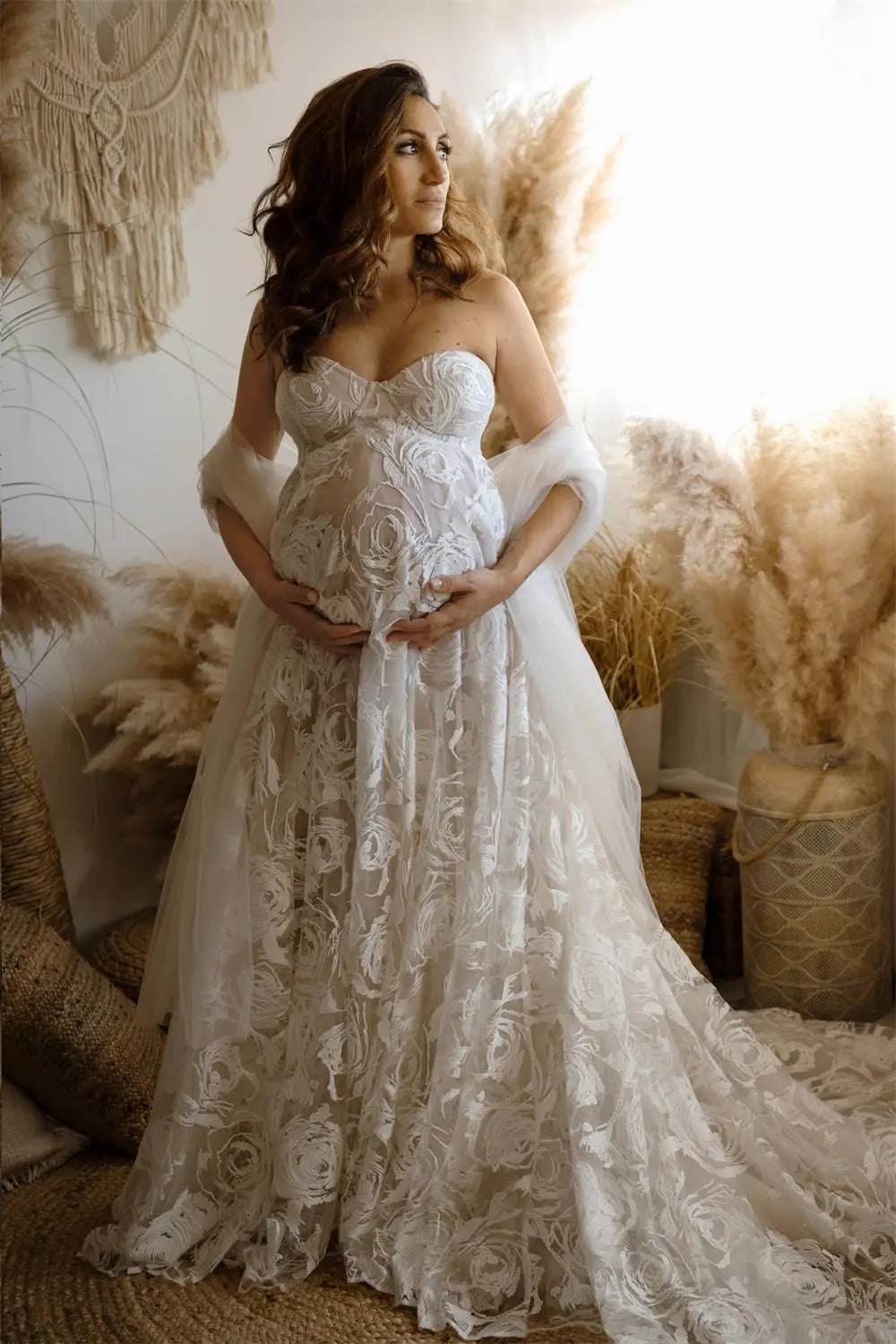 nvxiot  -  Bohemian Lace Bride Maternity Dress for Photoshoot Sweetheart Boto Long Pregnancy Baby Shower Outfit With Wrap