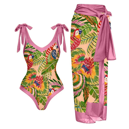 vzyzv  -   Colorful Parrot Print One Piece Bikini Bow Tie Swimsuit Sexy Luxury Chiffon Blouse High Waist Open Back Fashion Beachwear