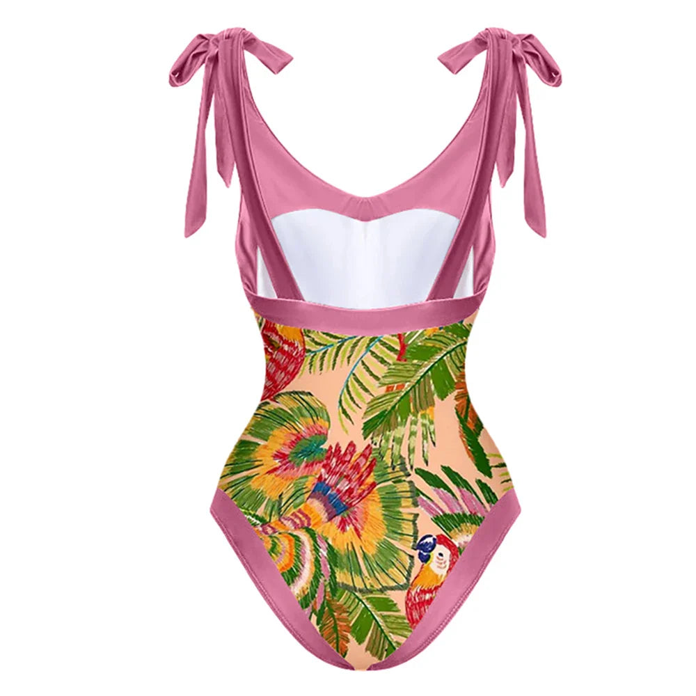 vzyzv  -   Colorful Parrot Print One Piece Bikini Bow Tie Swimsuit Sexy Luxury Chiffon Blouse High Waist Open Back Fashion Beachwear