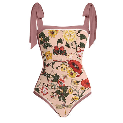 TAVIMART  -   Lotus Pink Print Sling Swimsuit High Waist Slim Retro Square Neck Bikini Sexy One Piece Swimsuit and Beach Skirt Fashion