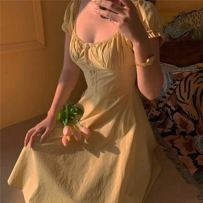 nvxiot  -  Is Tender Goose Yellow Girl's First Love One Shoulder A-type Large Swing Cotton Dress