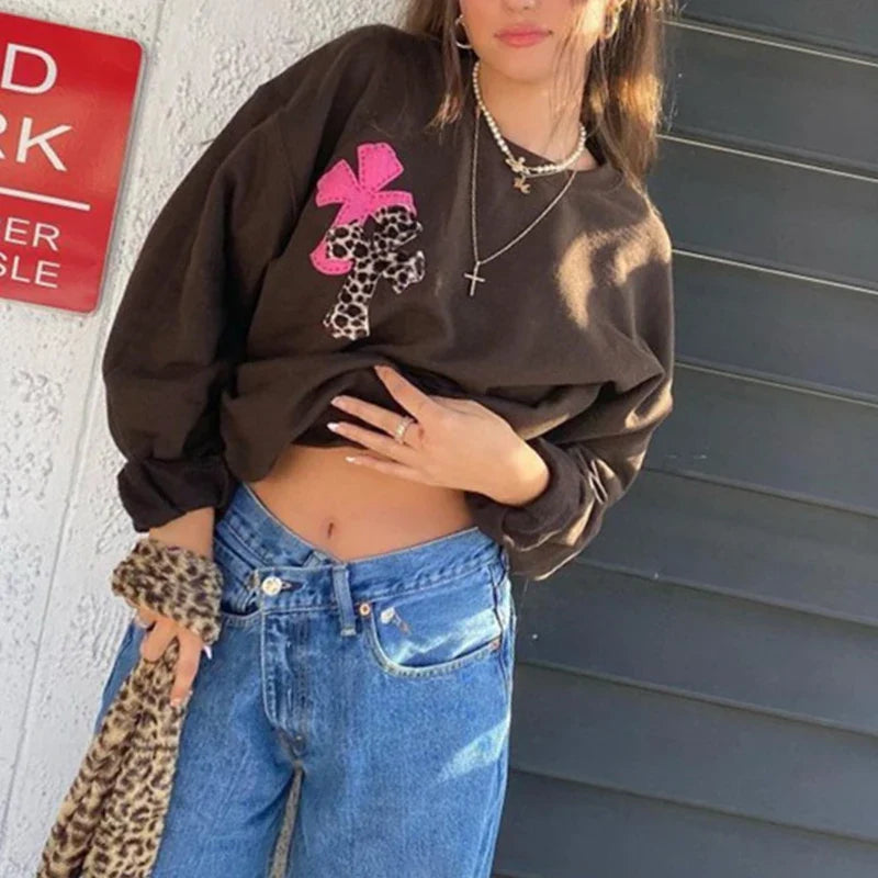 vzyzv  -  90s Aesthetics Leopard Print Oversized Brown Tops Y2K Vintage Crewneck Long Sleeve Sweatshirts Indie Outfits Streetwear