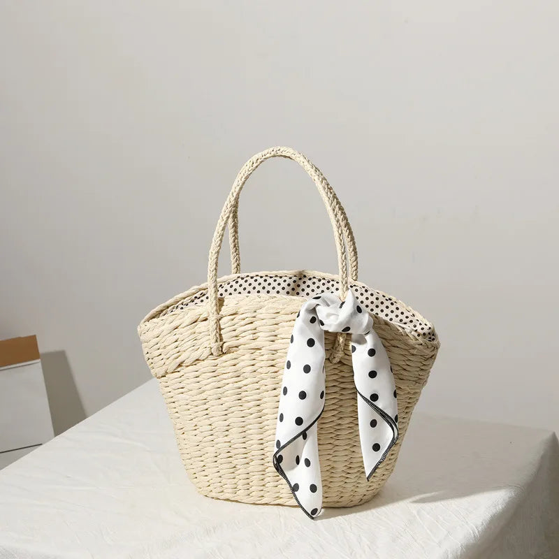 vzyzv -  New style straw bag women fashion silk scarf summer straw bag woven bag portable seaside holiday handbag bag