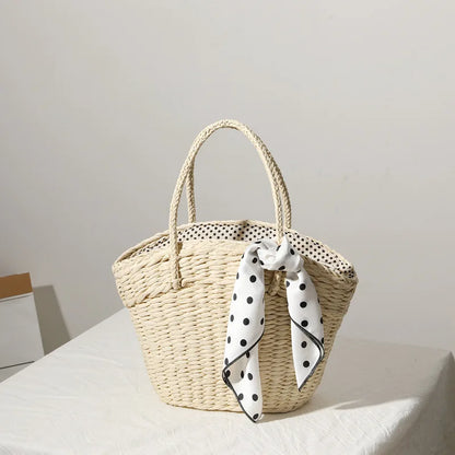 vzyzv -  New style straw bag women fashion silk scarf summer straw bag woven bag portable seaside holiday handbag bag