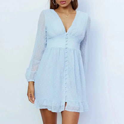 TAVIMART  -  Blue Chiffon Dobby Mini Dress Vintage Button Front Autumn Holiday Women Dress V-neck Ruffle Sheer Sexy Ladies Dresses