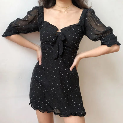 nvxiot  -  French Minority Retro Sexy Square Neck Bubble Sleeve Mesh Short Sleeve Polka Dot Dress Skirt