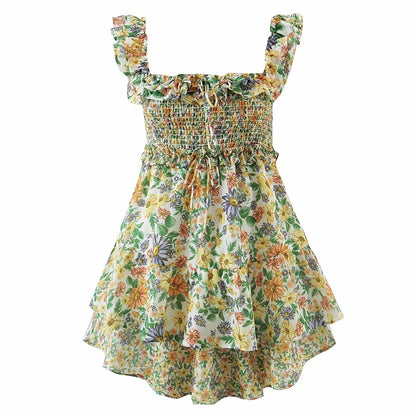 TAVIMART  -  Floral Printed Mini Dress Ruffles Hollow Out Vintage Chic Holiday Women Dress Sleeveless Tiered Sexy Ladies Dresses