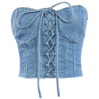 TAVIMART  -  Sexy cross bandage denim tank tops for women tube top retro boat neck strapless crop top casual zipper slim short vest camis