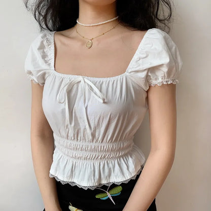 nvxiot  -  French Retro White Lace Edge Square Neck Short Sleeve Shirt Women's Bubble Sleeve Waist Down