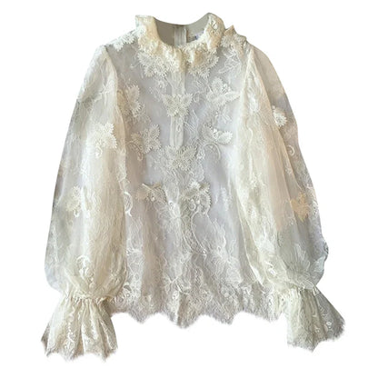 vzyzv  -  French temperament elegant palace style flower embroidery lantern sleeve lace vintage retro top  princess lace top shirt court