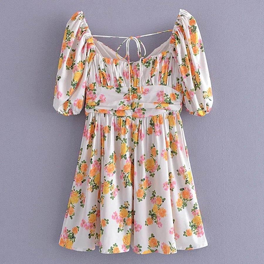 vzyzv -  Flower Printed Mini Dress Summer Boho Smocked Chic Holiday Dress Women Puff Sleeve Ruffles Ladies Party Female Dresses