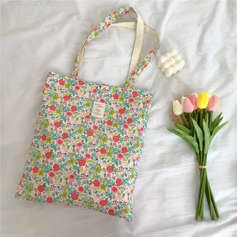 vzyzv  -  Women Canvas Flower Shoulder Bag Retro Floral Cotton Fabric  Big Shopping Bags Girls Reusable Folding Books Tote