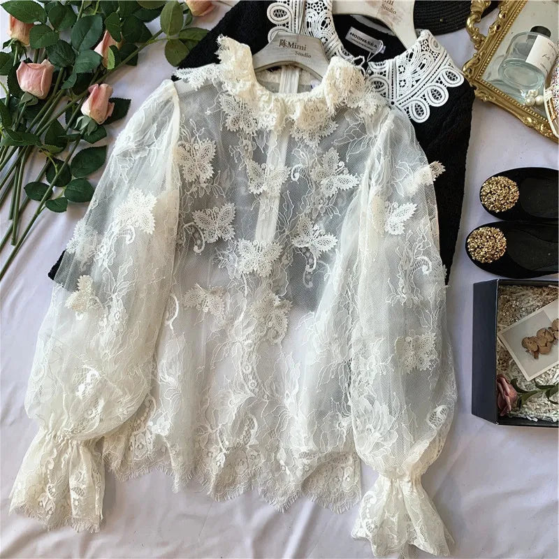 vzyzv  -  French temperament elegant palace style flower embroidery lantern sleeve lace vintage retro top  princess lace top shirt court