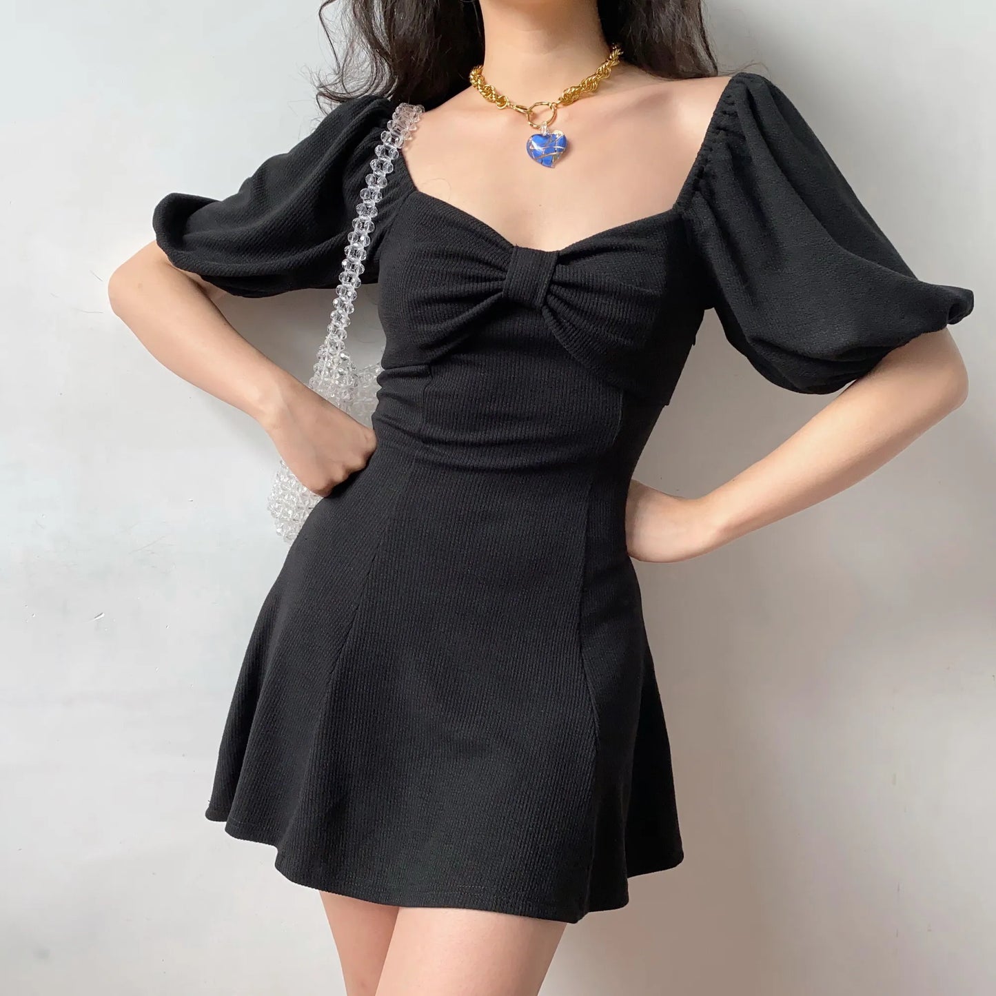 nvxiot  -  French Bow, Low-cut, Large Lantern Sleeves, Elastic Waist, A-line Dress, Little Black Dress