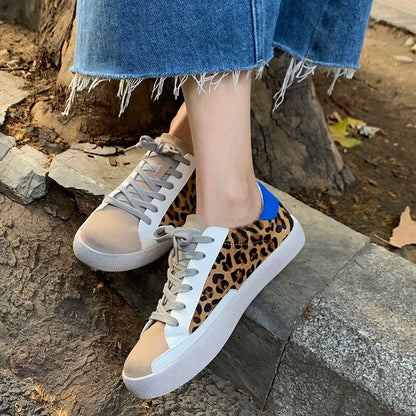 vzyzv  -  Women White Shoes Split Leather Woman Loafers Lace-Up Comfortable Flat Shoes Horsehair Leopard Footwear for Women Round Toe