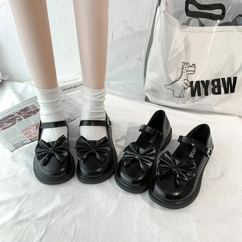 vzyzv  -  Korean Japanese Harujuku Female Student Jk Uniform Loli Shoes Soft Girl Button Bow Mid Heel 3.5cm Anime Cosplay Women Flats