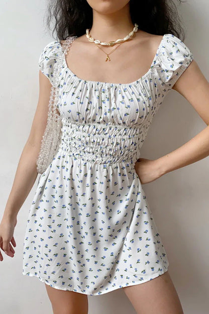 nvxiot  -  French Retro Idyllic Fresh Floral One Line Neckline Stretch Wrap Chest Short Sleeve Dress