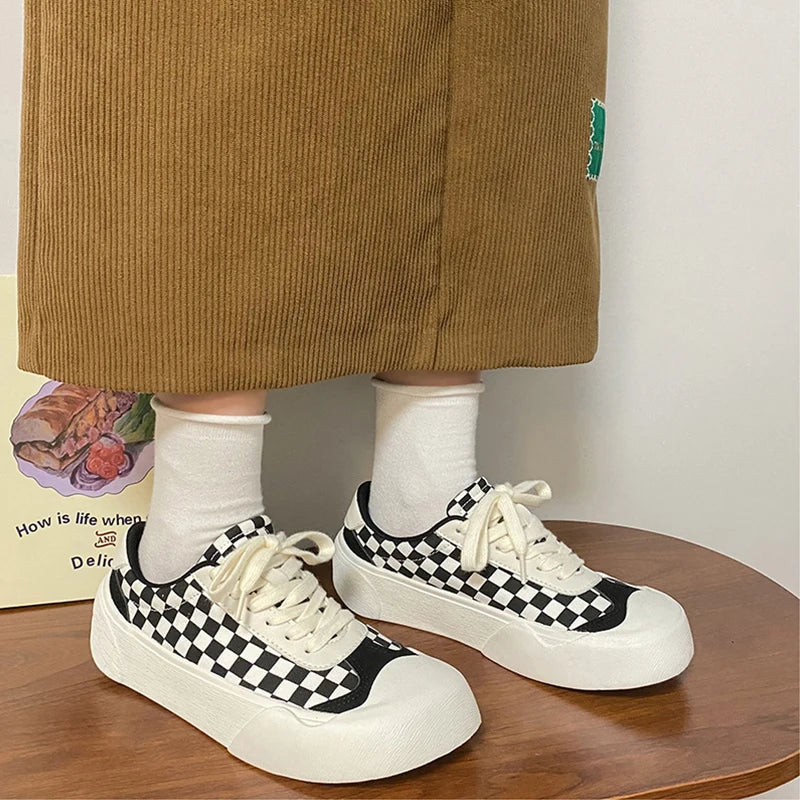 vzyzv  -  Women's Retro Checkerboard Plaid Canvas Shoes, Women's Round Toe Lace-Up Platform Plaid Sneakers Flat Sports and Leisure Street