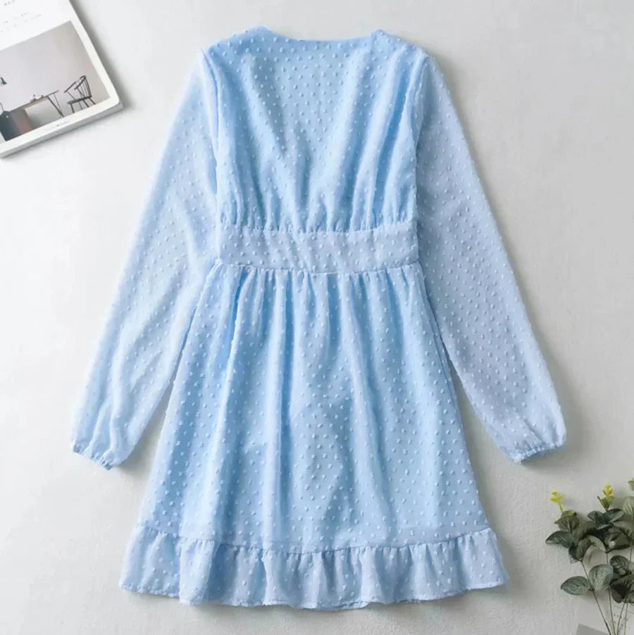 TAVIMART  -  Blue Chiffon Dobby Mini Dress Vintage Button Front Autumn Holiday Women Dress V-neck Ruffle Sheer Sexy Ladies Dresses